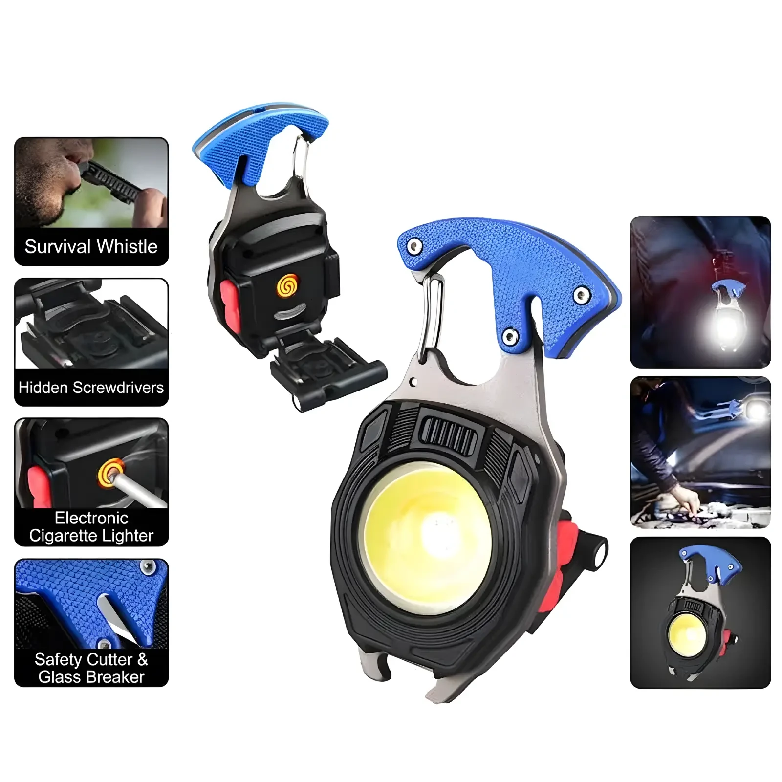 8-in-1 Multifunctional Rechargeable COB Keychain Light – Portable Tool with Screwdriver & Lighter